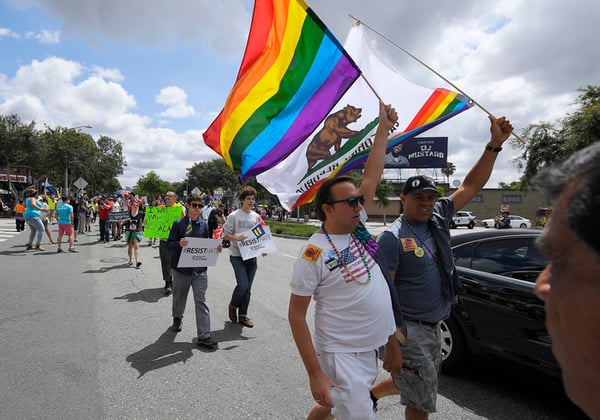 Supporters march during the Los Angeles LGBTQ #ResistMarch, Sunday, June 11, 2017, in West Hollywood, Calif.